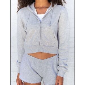 Brandy Melville Hooded Crop Zip Hoodie Womens Gray Rib Knit